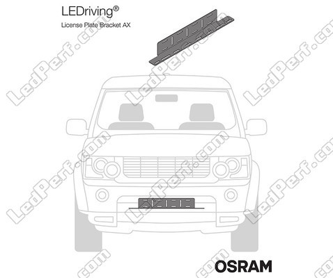 Representación del soporte Osram LEDriving® LICENSE PLATE BRACKET AX montado en un vehículo